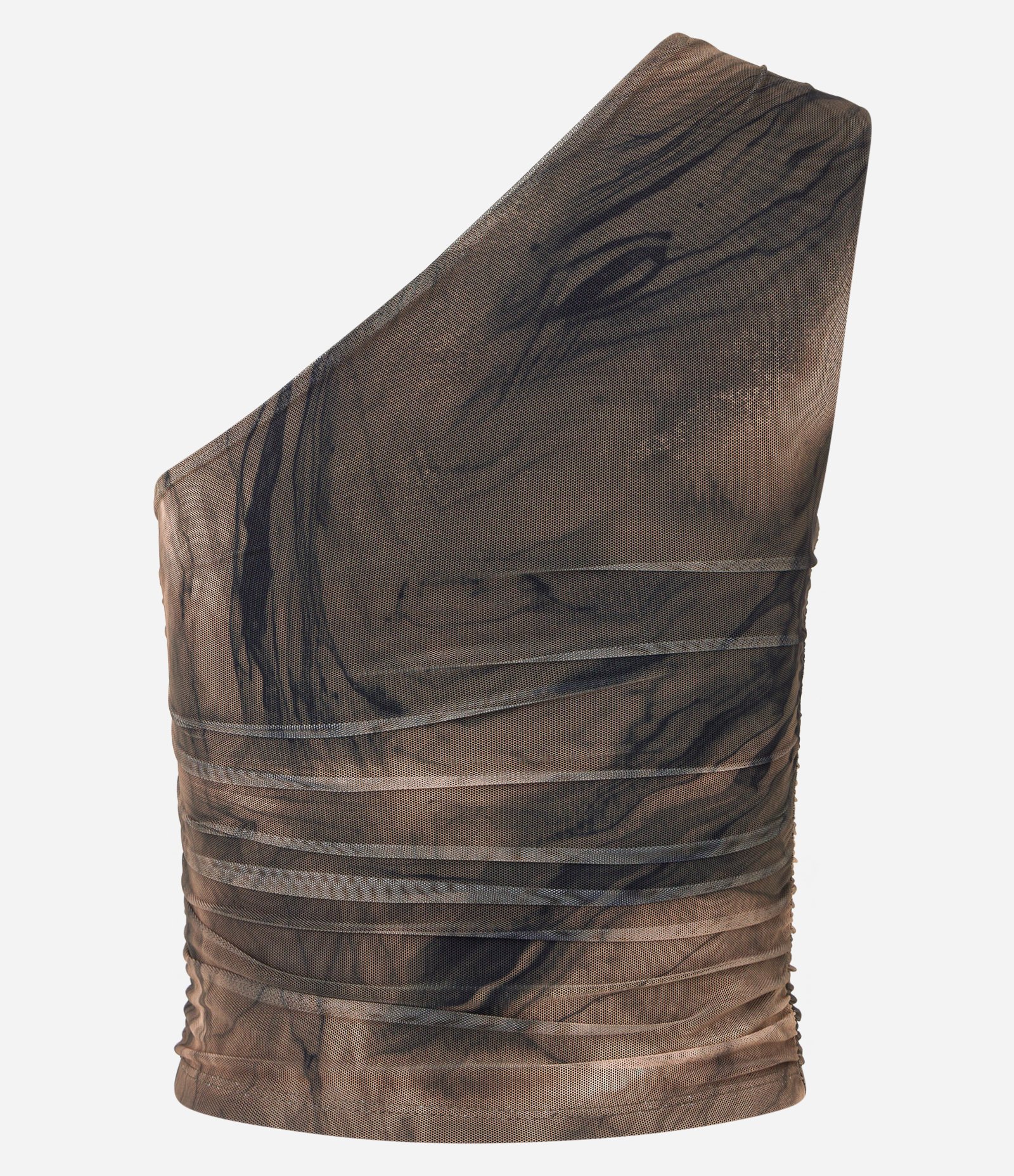 Blusa em Tule com Um Ombro Só e Estampa Abstrata Preto/Marrom 8