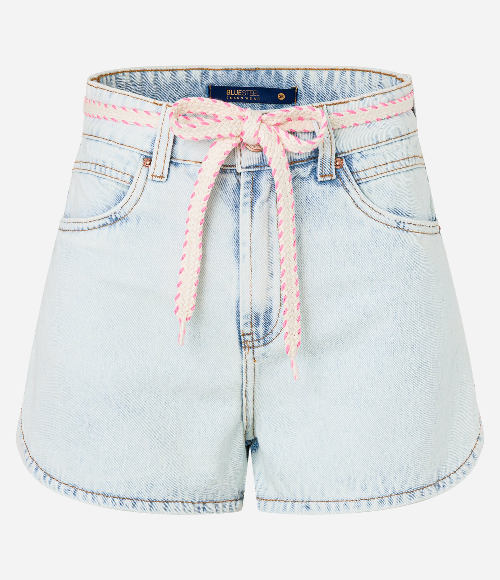 Short Cintura Alta em Jeans com Amarração e Detalhes Contrastantes Claro 1