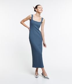Vestido New Midi em Ribana com Decote Quadrado