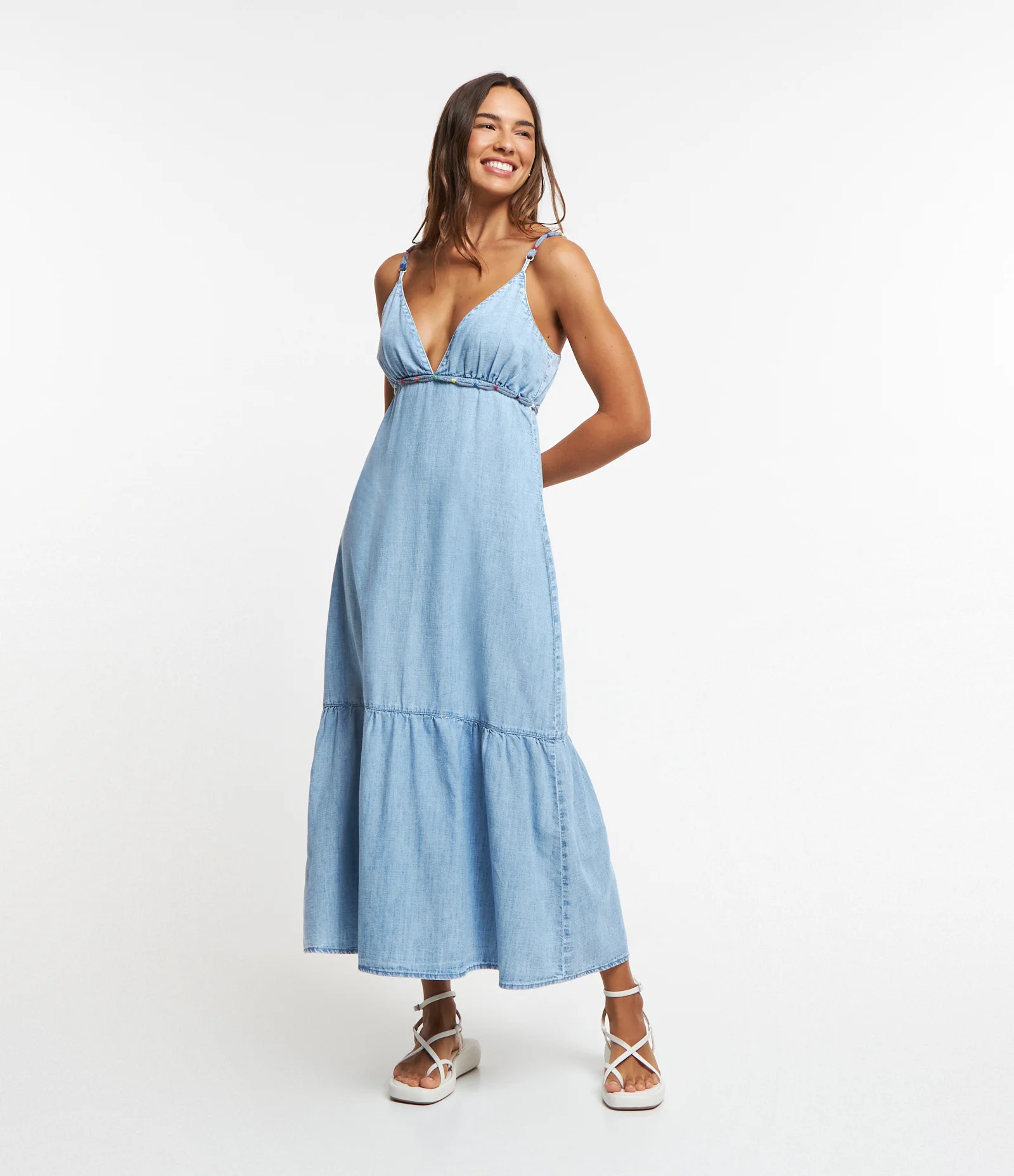 Vestido New Midi em Jeans com Alça com Detalhes Coloridos Azul 1