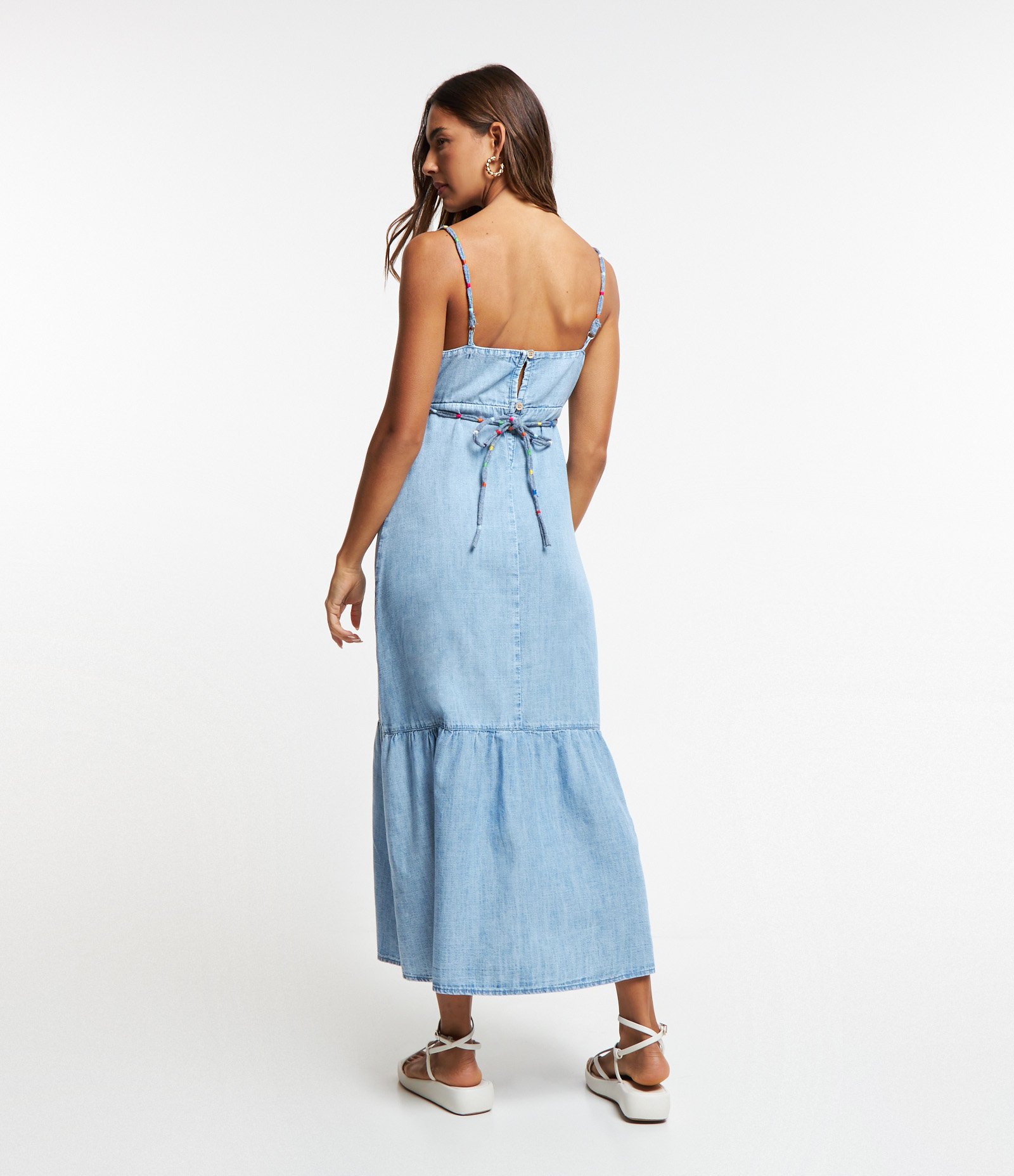 Vestido New Midi em Jeans com Alça com Detalhes Coloridos Azul 3