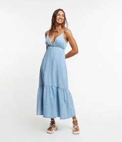 Vestido New Midi em Jeans com Alça com Detalhes Coloridos