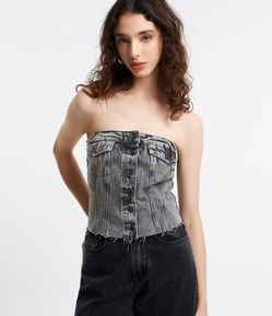 Top Corset Tomara Que Caia em Jeans com Barra Cortada