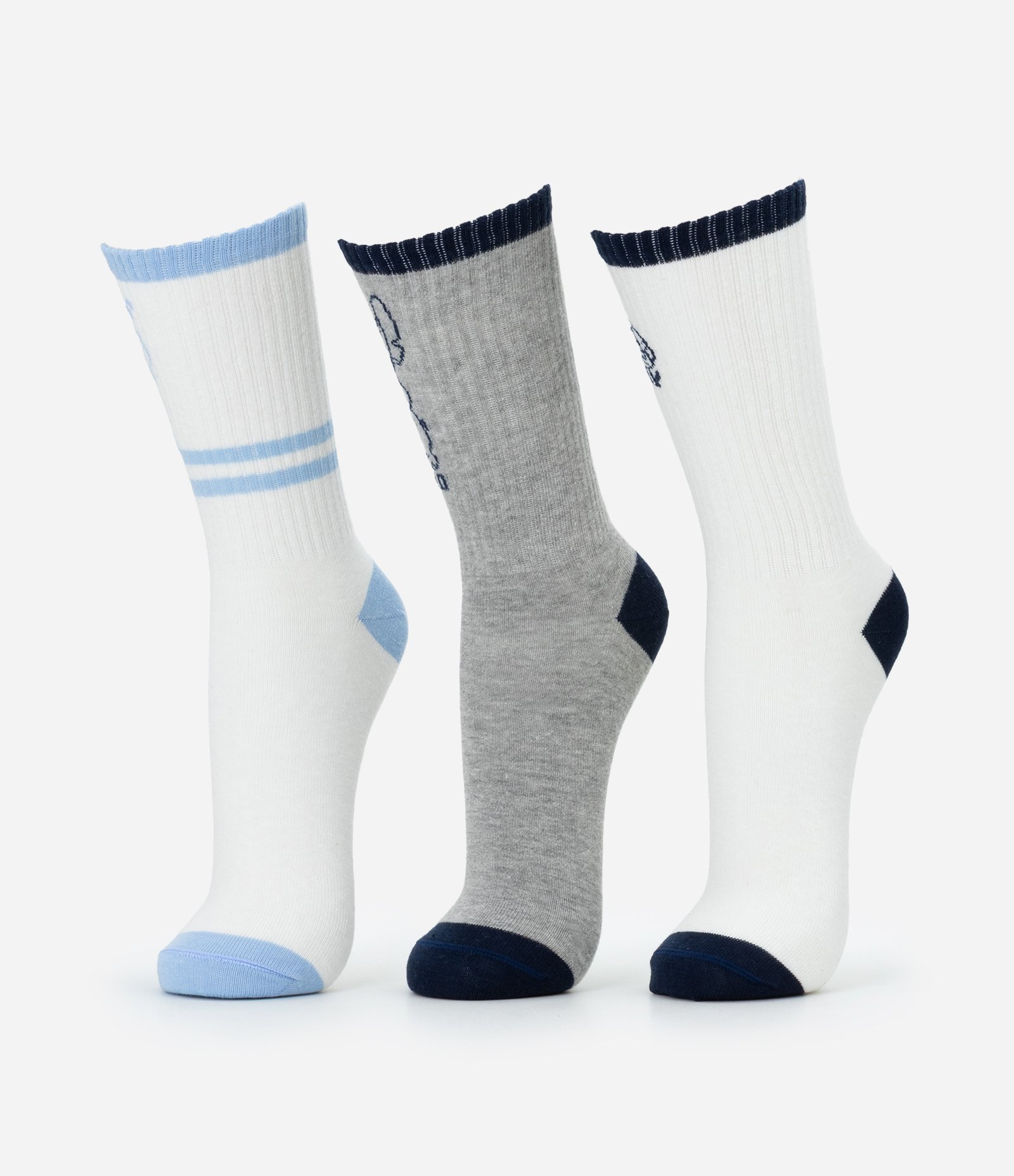 Kit 03 Meias Cano Alto em Algodão Stitch Azul/Cinza/Branco 2