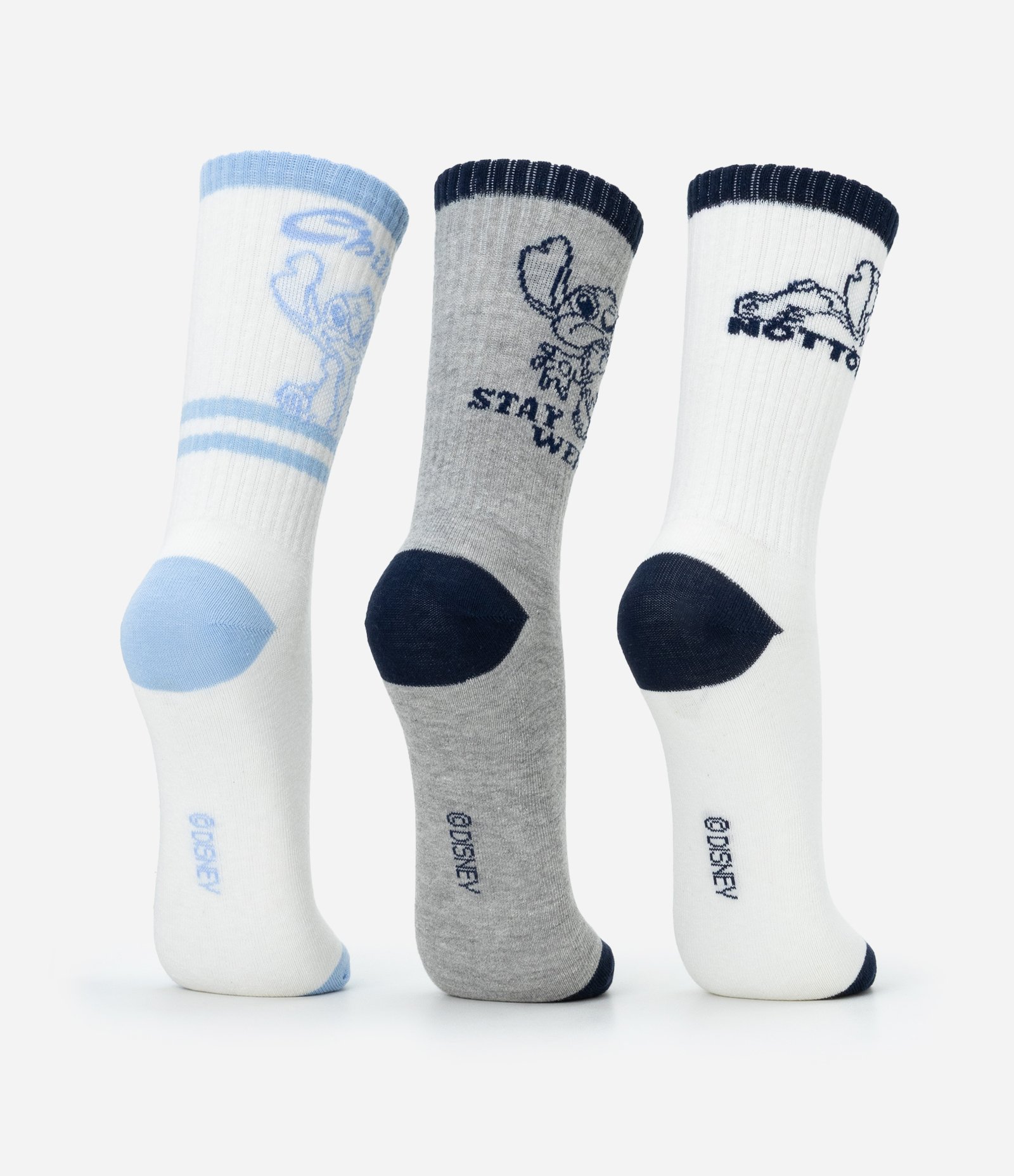 Kit 03 Meias Cano Alto em Algodão Stitch Azul/Cinza/Branco 3