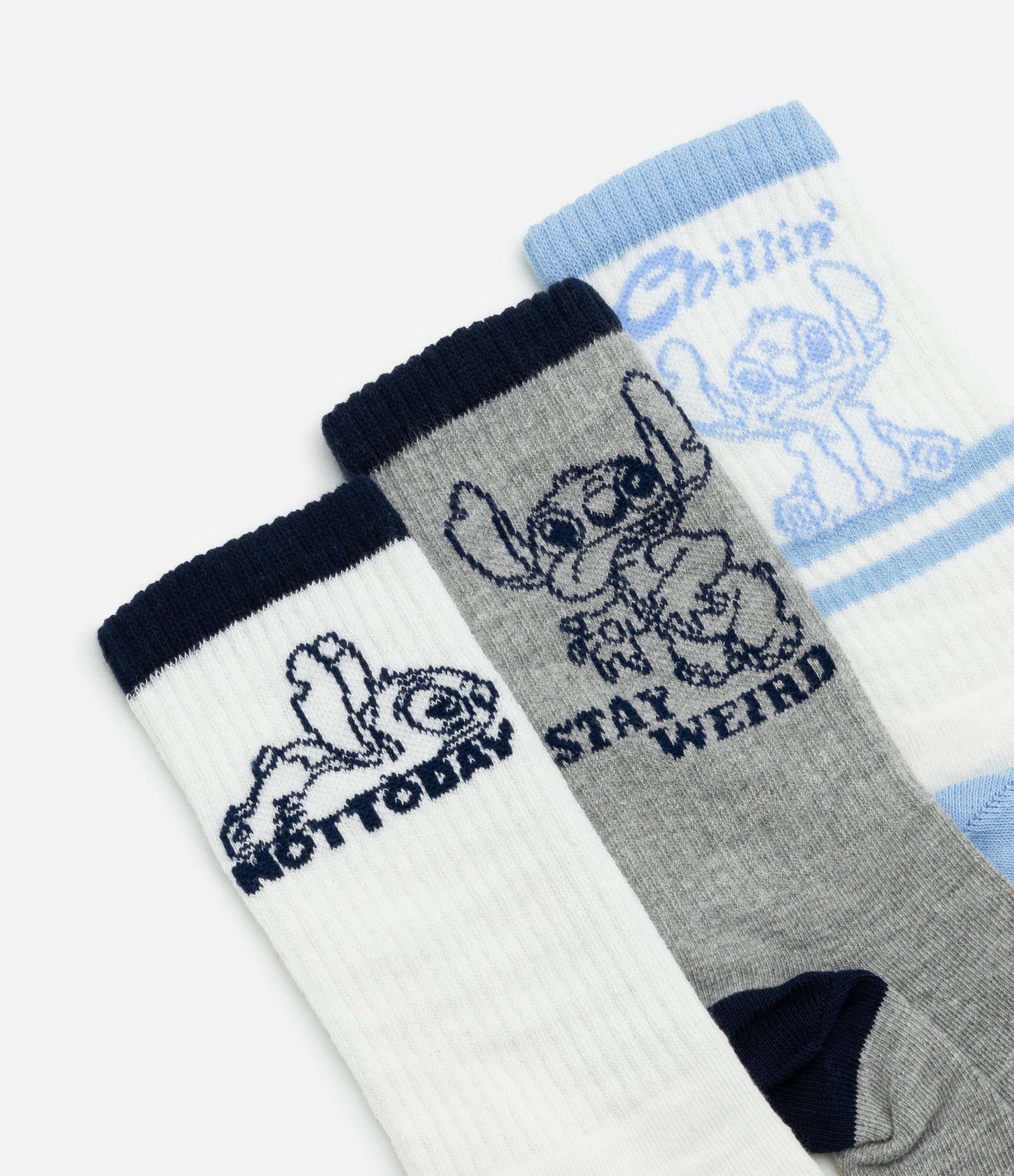 Kit 03 Meias Cano Alto em Algodão Stitch Azul/Cinza/Branco 4