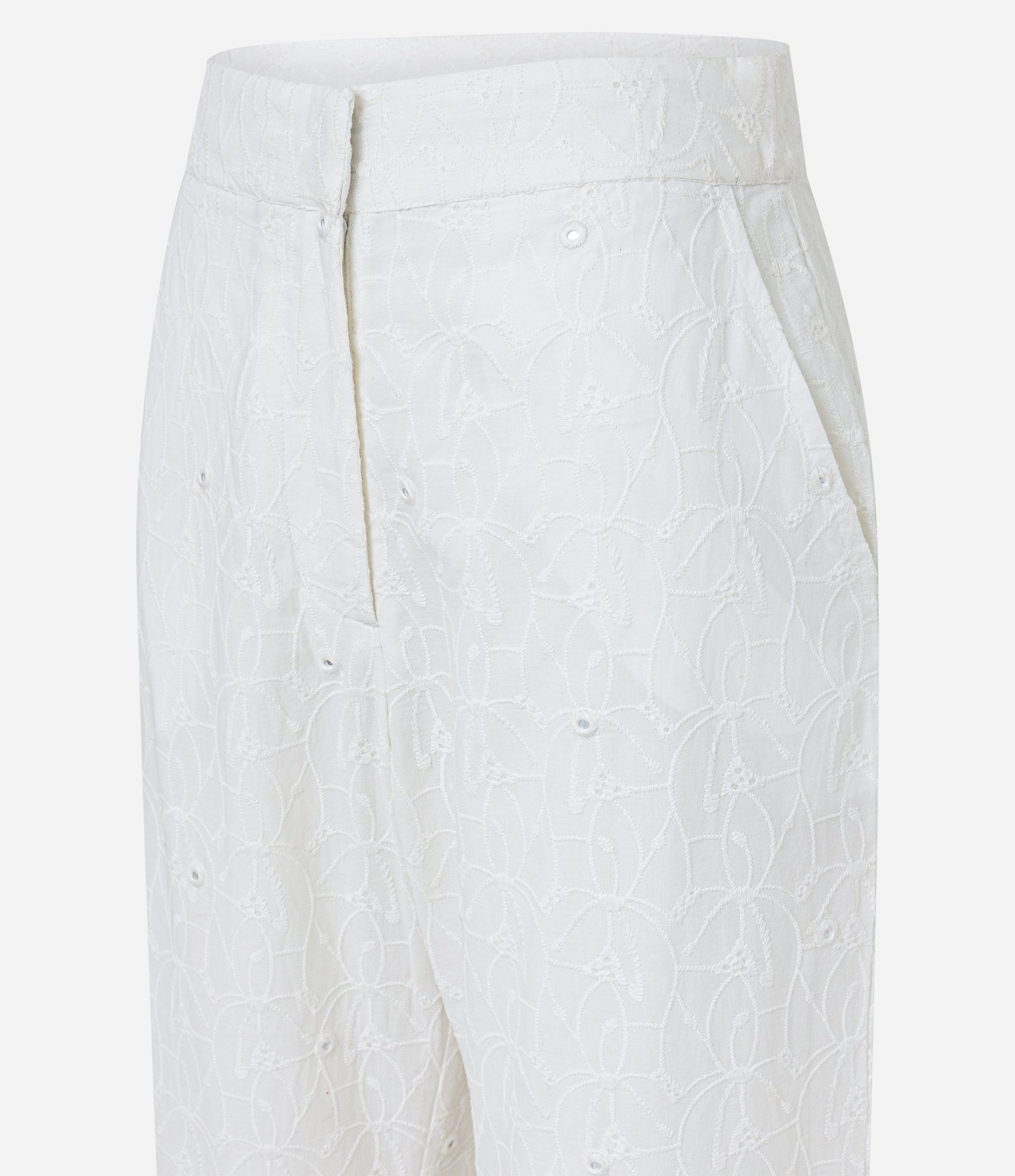 Calça Reta Cintura Alta em Laise com Cós Alfaiatado e Bordados Branco 6