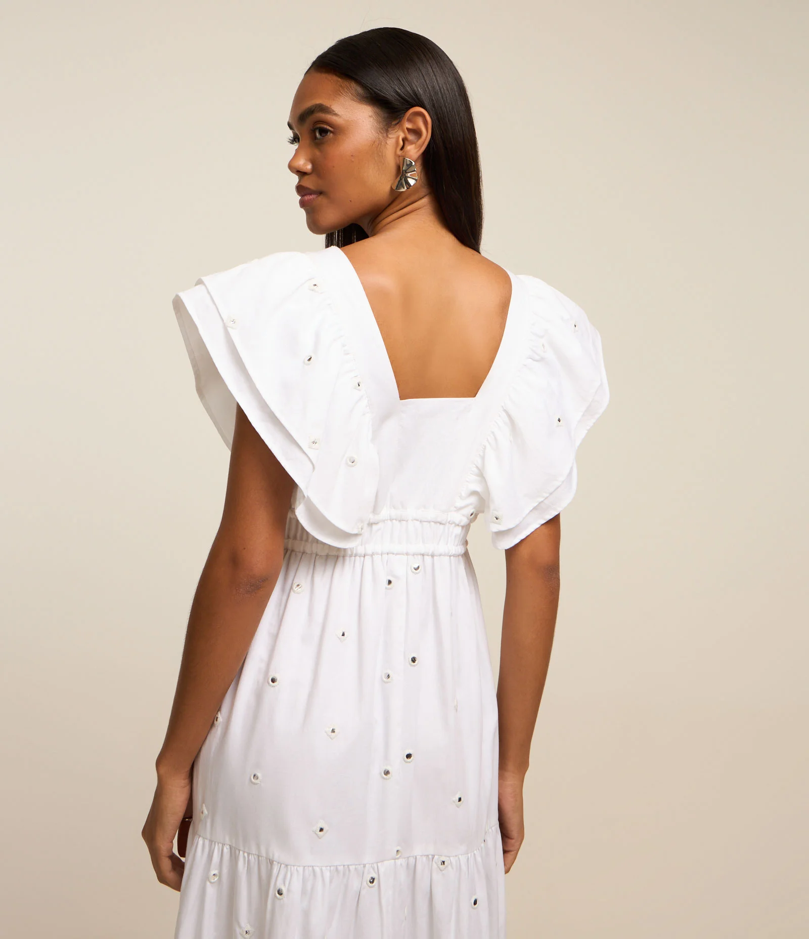 Vestido Sem Manga em Tricoline com Babado no Ombro Branco 2