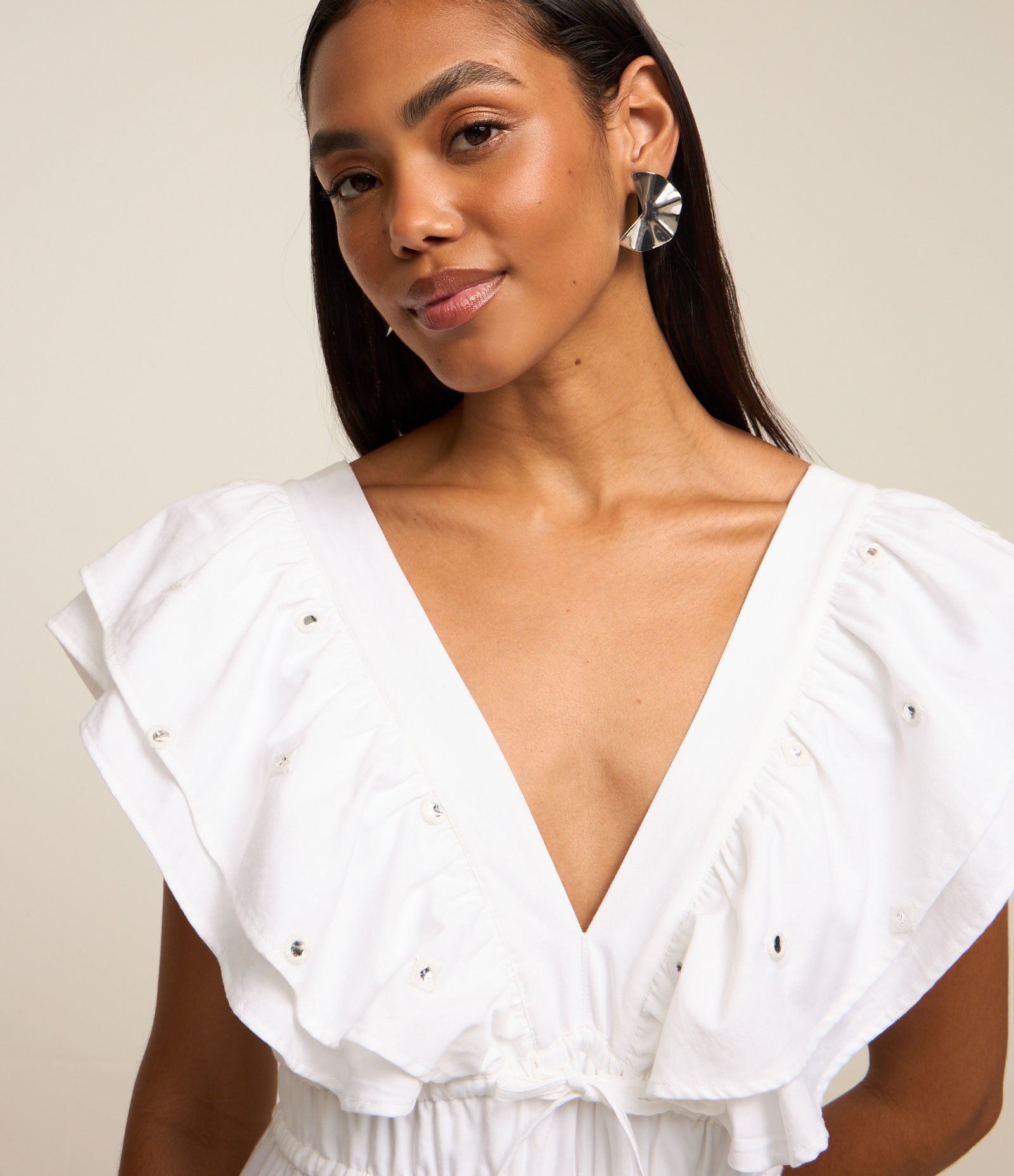 Vestido Sem Manga em Tricoline com Babado no Ombro Branco 3