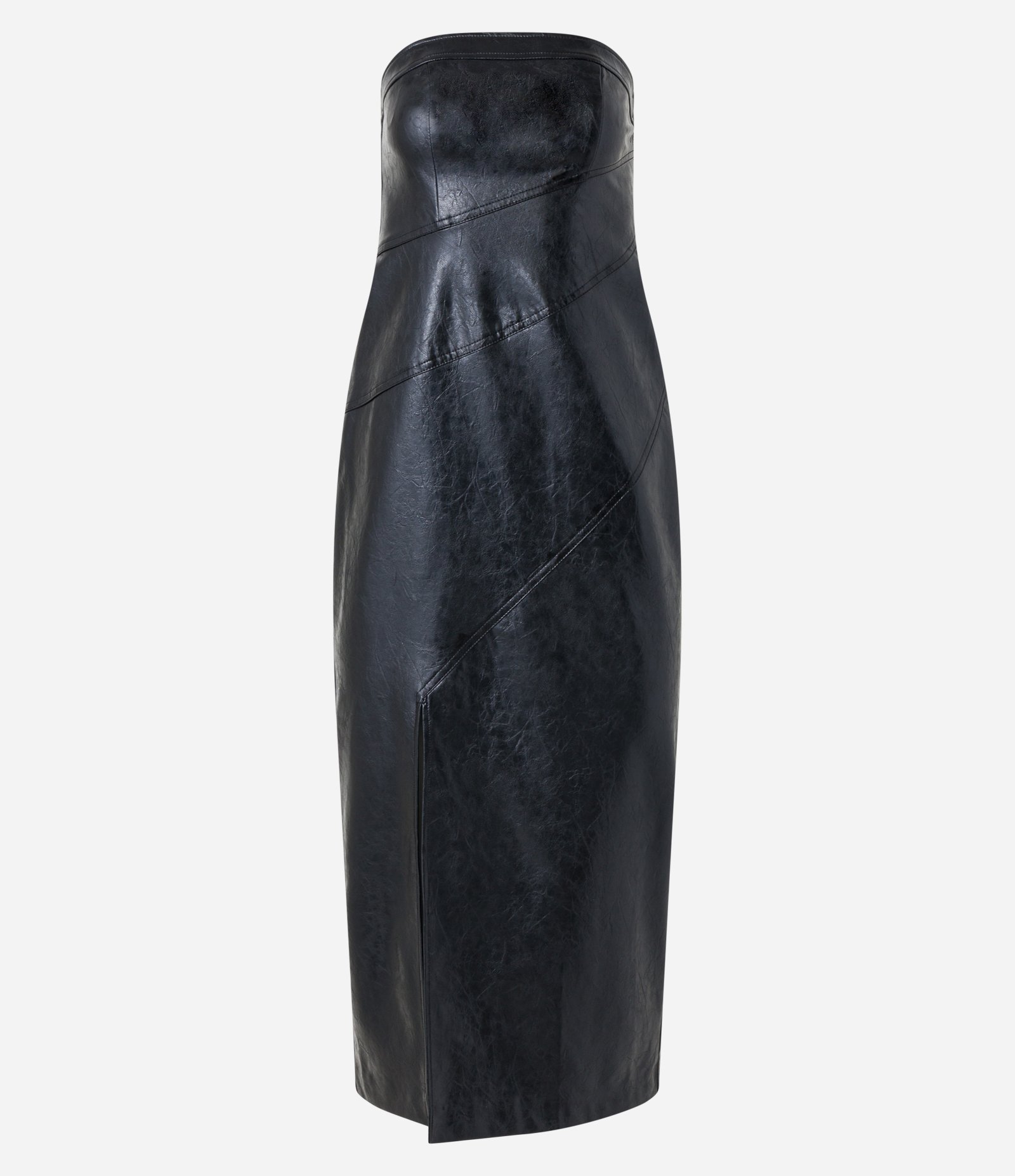Vestido New Midi Tomara que Caia em PU com Recortes e Fenda Preto 6