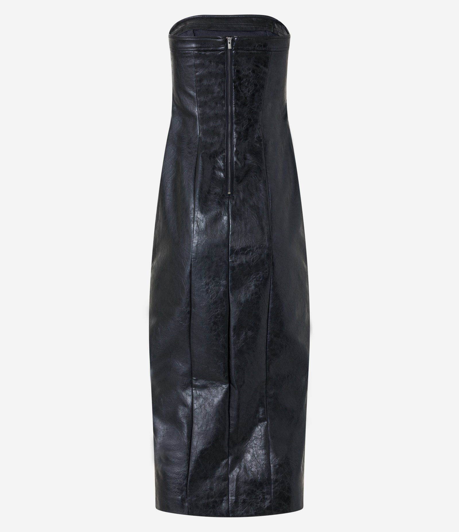 Vestido New Midi Tomara que Caia em PU com Recortes e Fenda Preto 7