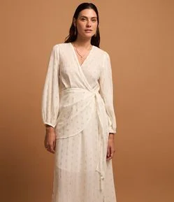 Vestido Midi em Voil com Amarração e Estampa Poá