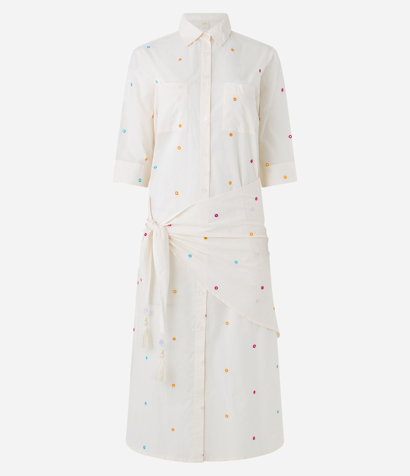 Vestido Midi Evasê com Gola Camisa e Estampa de Mini Espelhos e Amarração Lateral Branco 6
