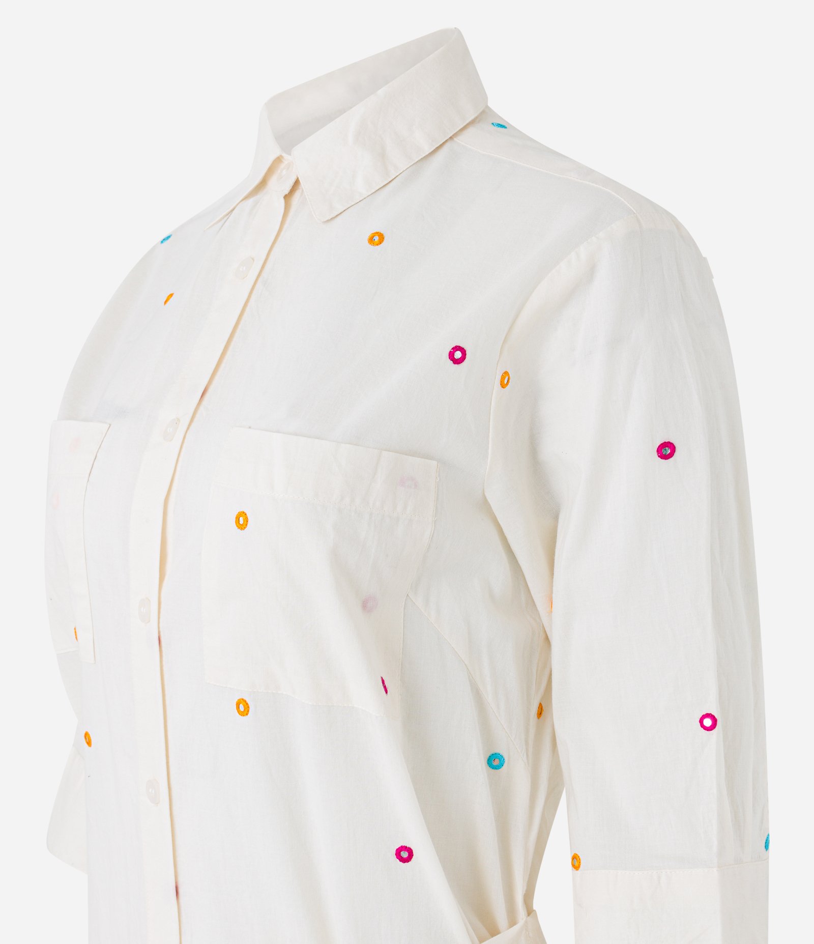 Vestido Midi Evasê com Gola Camisa e Estampa de Mini Espelhos e Amarração Lateral Branco 7