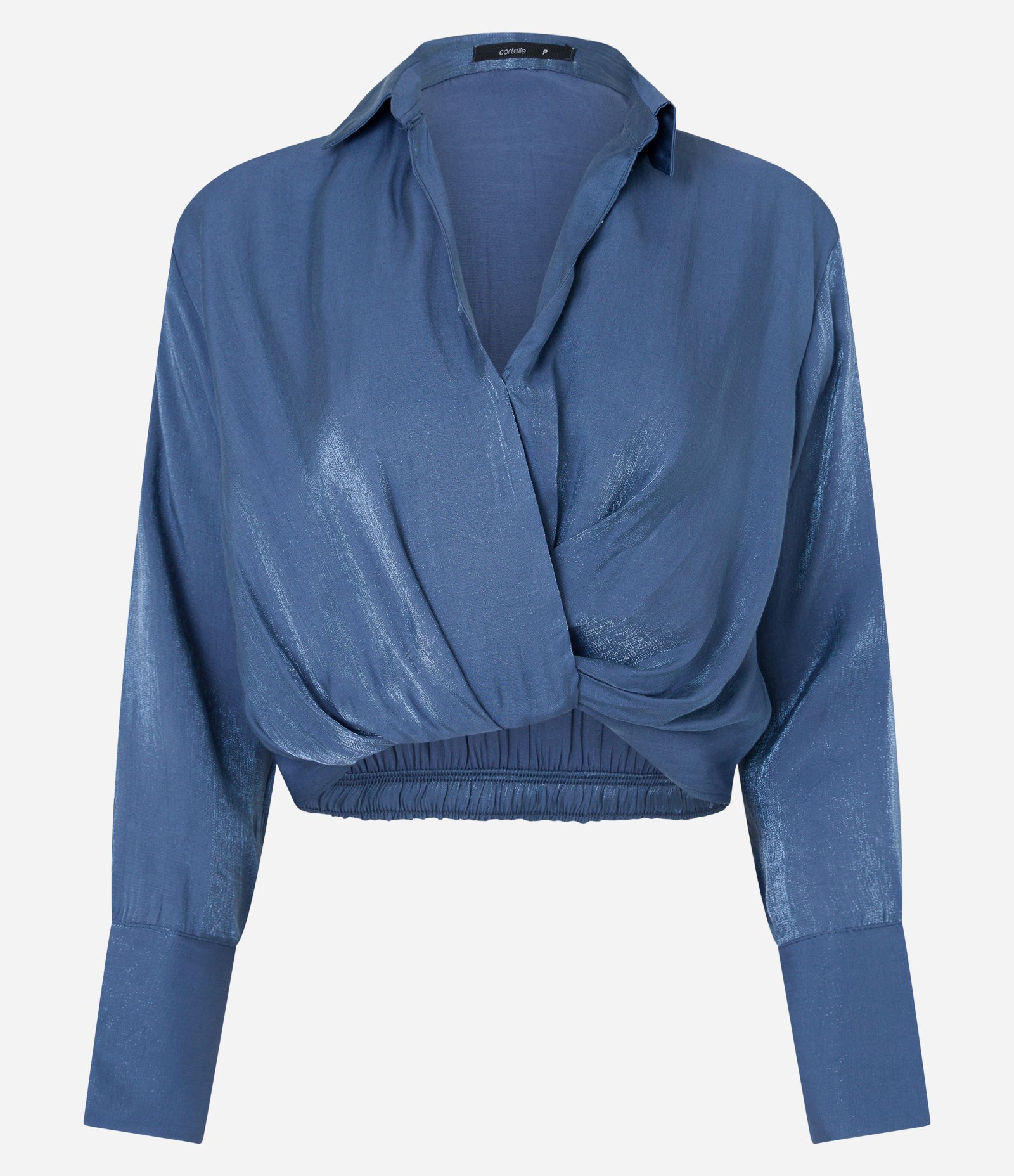 Blusa Acetinada com Detalhe Torcido na Barra e Decote Transpassado Azul 5