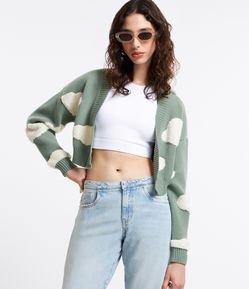 Cardigan Cropped em Tricô com Nuvens Atoalhadas