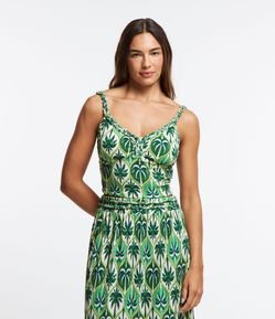 Blusa Cropped de Alça em Viscose Texturizada com Coqueiros Estampados