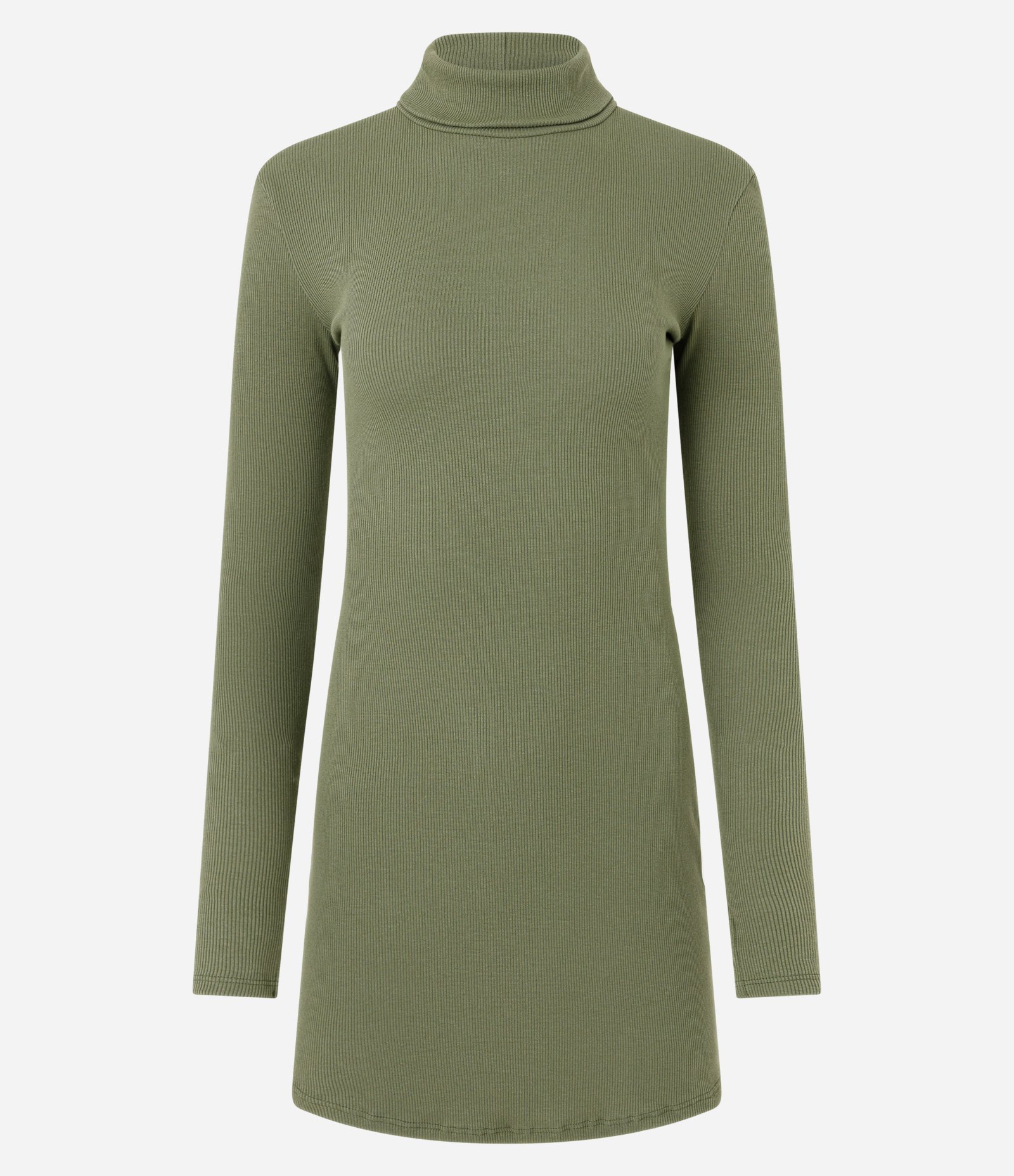Vestido Reto em Ribana com Barra Arredondada e Golinha Alta Verde Militar 6