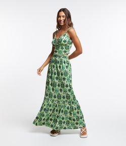 Saia New Midi Texturizada com Estampa Folhagens e Tiras Trançadas no Cós