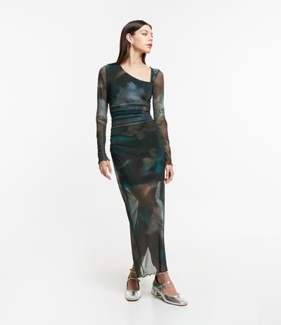 Vestido New Midi em Tule com Decote Assimétrico e Estampa Abstrata Menor preço em Vestido New Midi em Tule com Decote Assimétrico e Estampa Abstrata