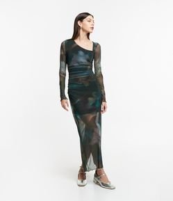 Vestido New Midi em Tule com Decote Assimétrico e Estampa Abstrata