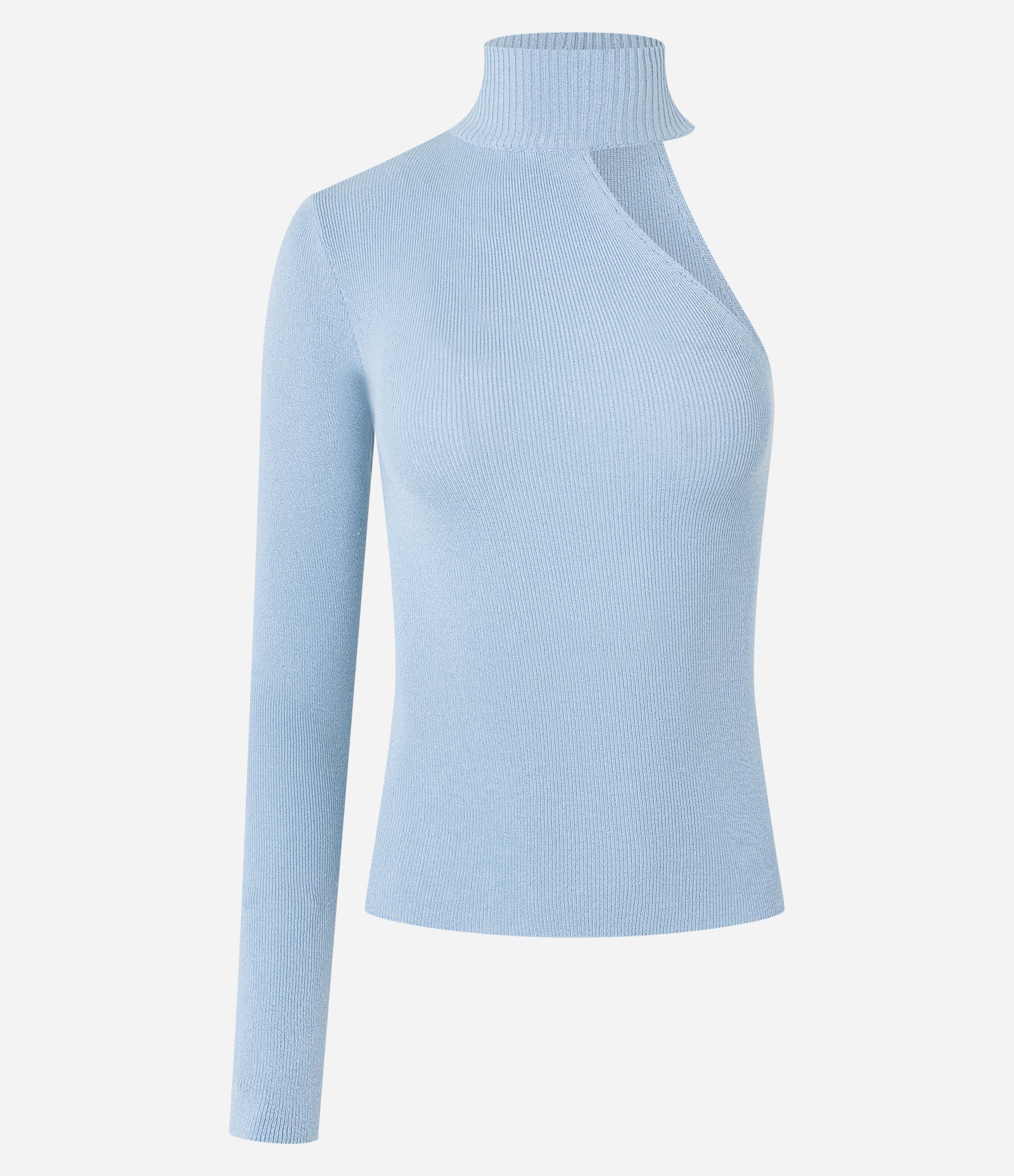 Blusa Ombro Só em Tricô Leve com Golinha e Textura Canelada Azul Claro 6