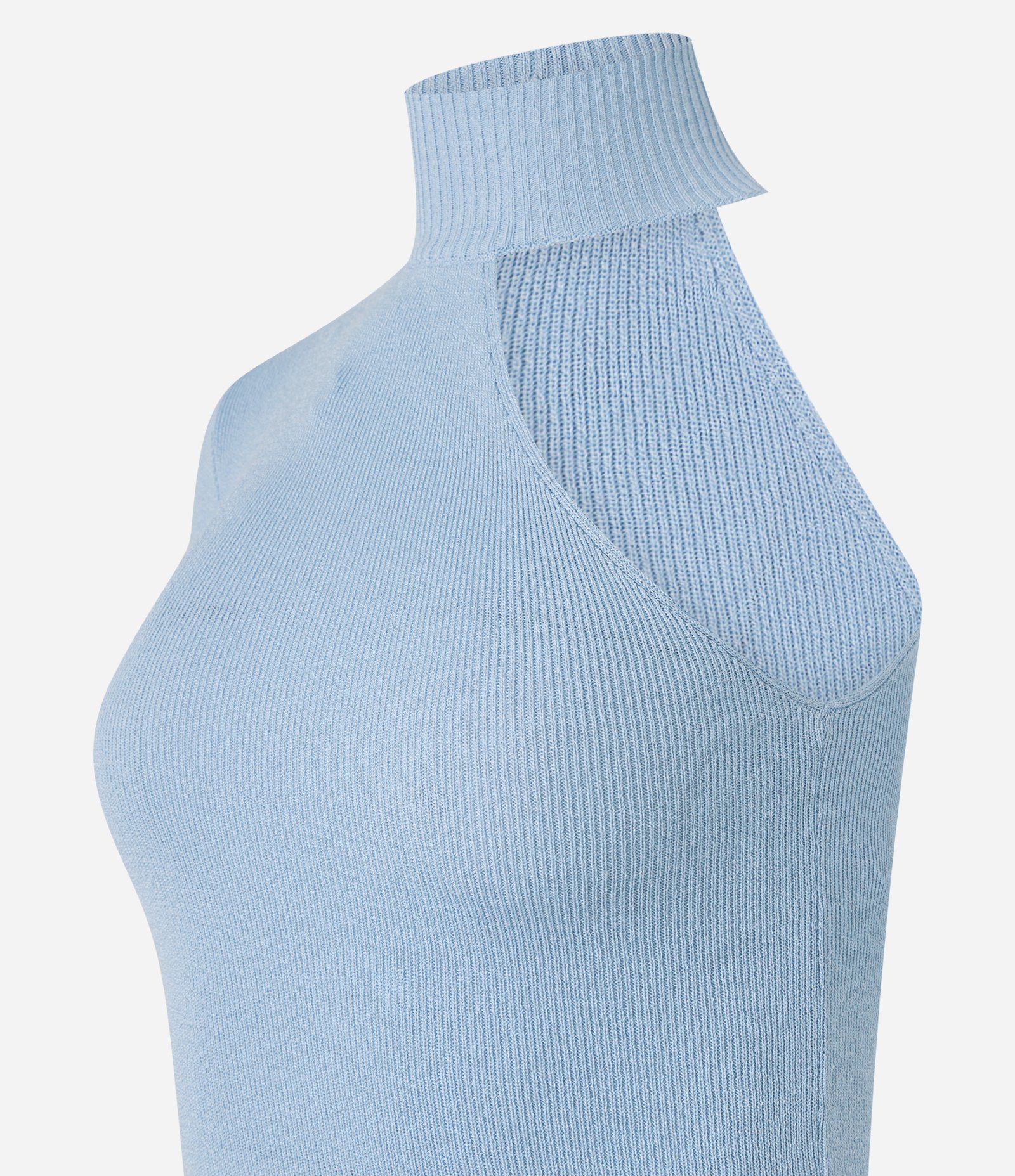 Blusa Ombro Só em Tricô Leve com Golinha e Textura Canelada Azul Claro 7
