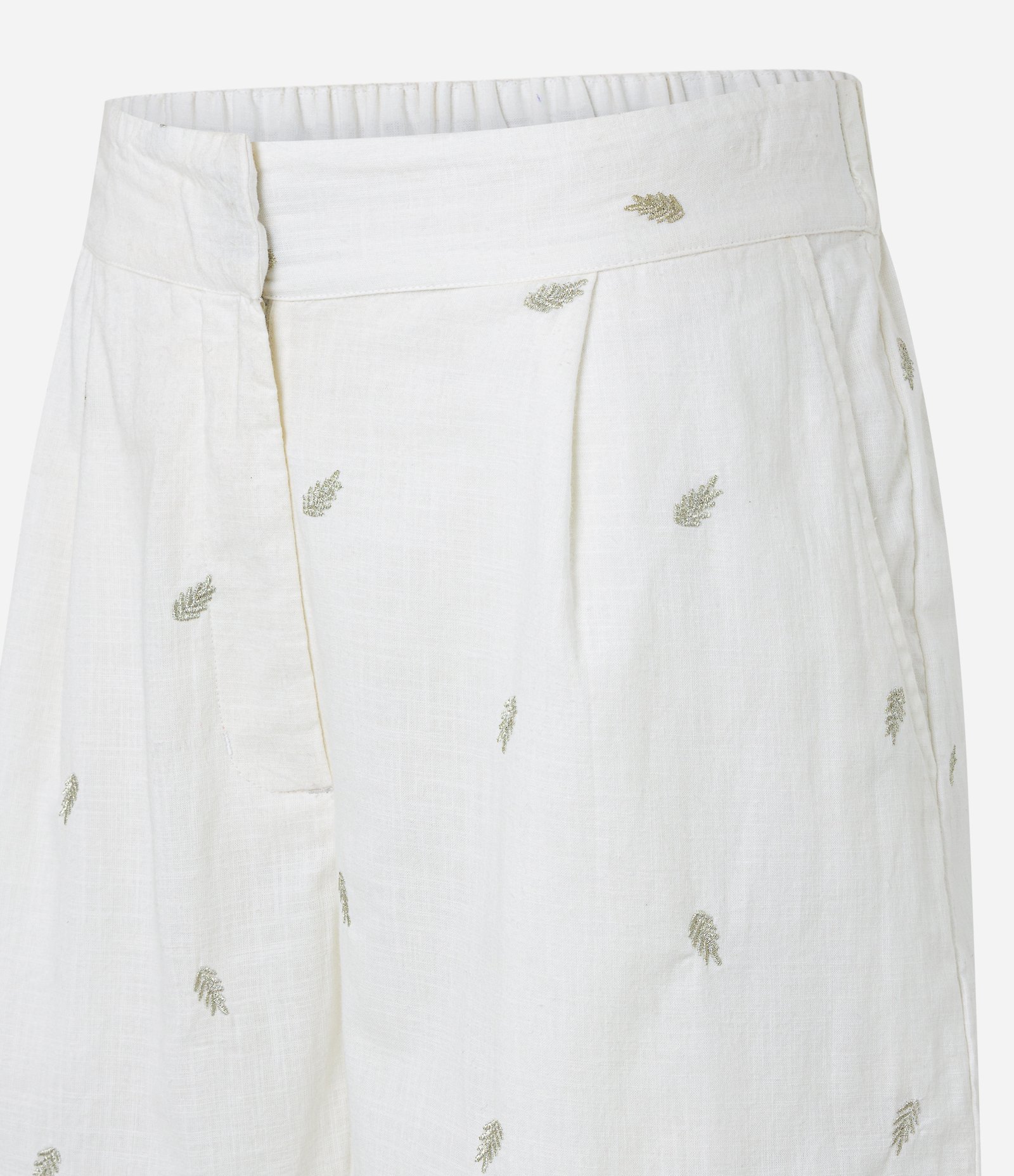 Short Cintura Alta em Tricoline com Pregas e Folhagens Bordadas Branco Neve 6