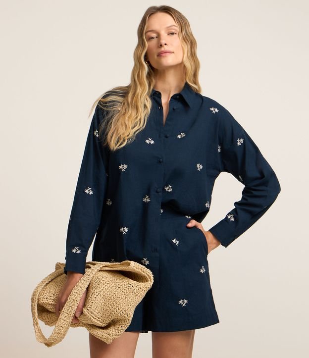 Short em Tricoline com Cós Elástico e Bordado Mini Coqueiros