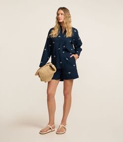 Short em Tricoline com Cós Elástico e Bordado Mini Coqueiros