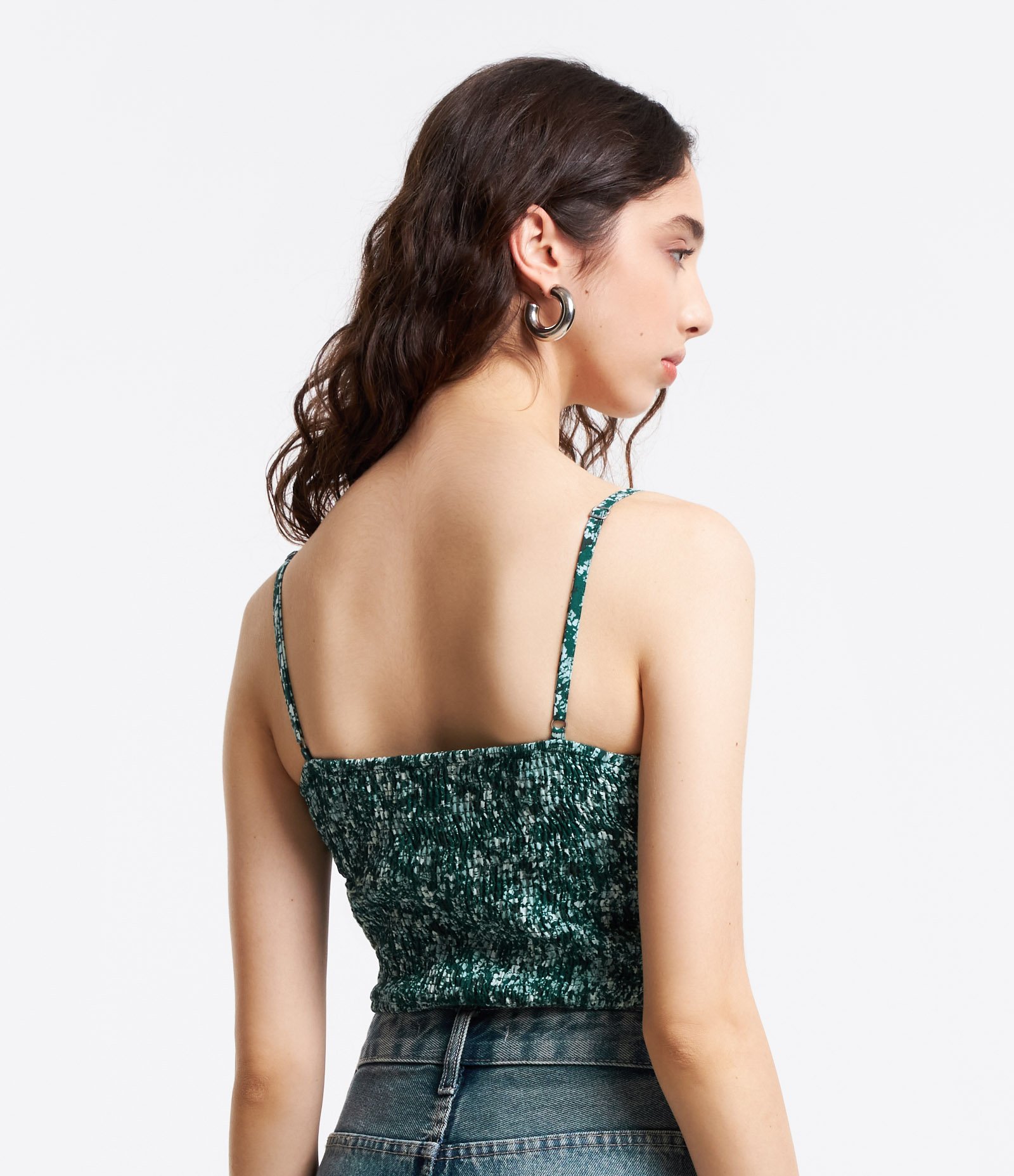 Blusa Cropped em Viscose Estampa Floral Liberty com Franzido Frontal Verde 3