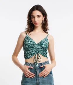 Blusa Cropped em Viscose Estampa Floral Liberty com Franzido Frontal