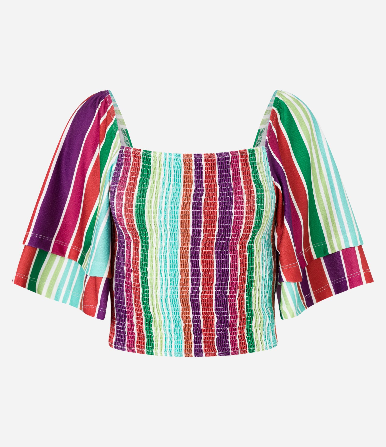 Blusa Curta em Lastex com Manga Godê e Estampa Listras Multicores 5