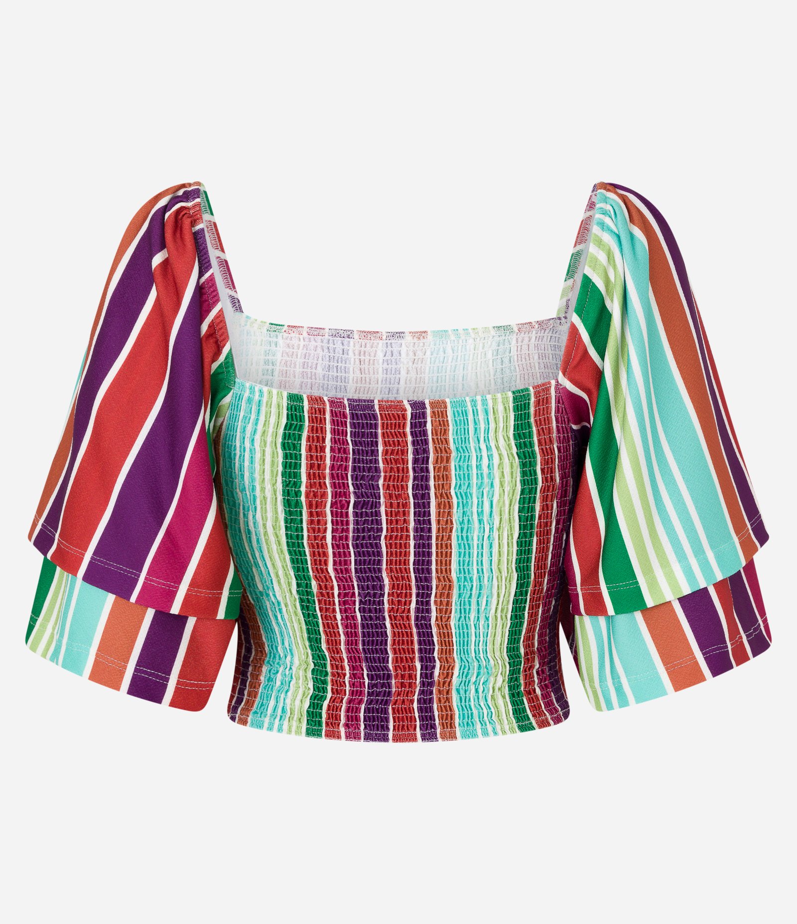 Blusa Curta em Lastex com Manga Godê e Estampa Listras Multicores 6