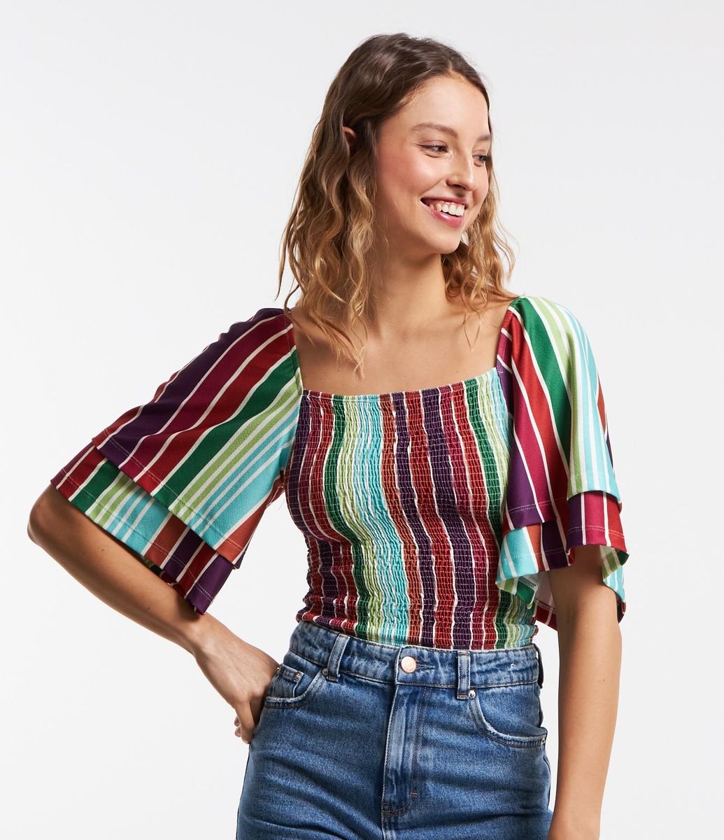 Blusa Curta em Lastex com Manga Godê e Estampa Listras Multicores