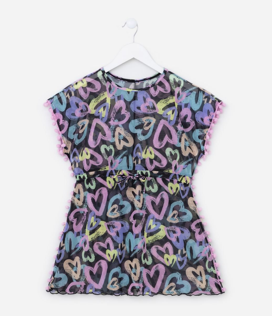 Saída de Praia Infantil em Tule com Estampa Corações Tam a 16