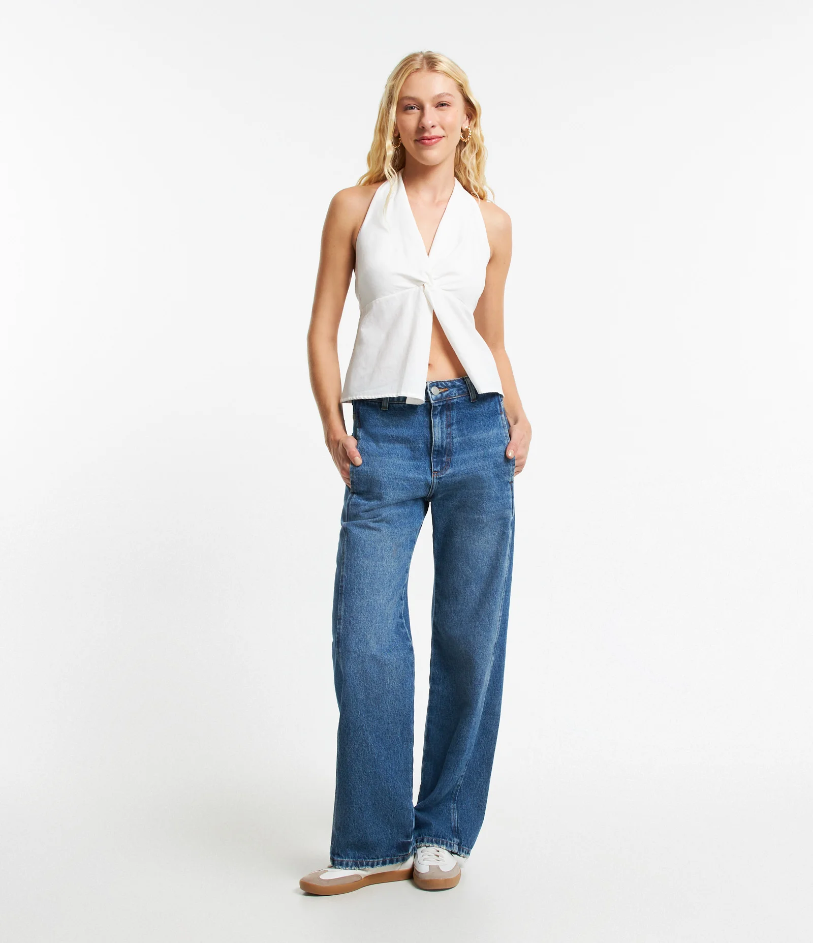 Blusa Frente Única em Tricoline com Decote Franzido Branco 2