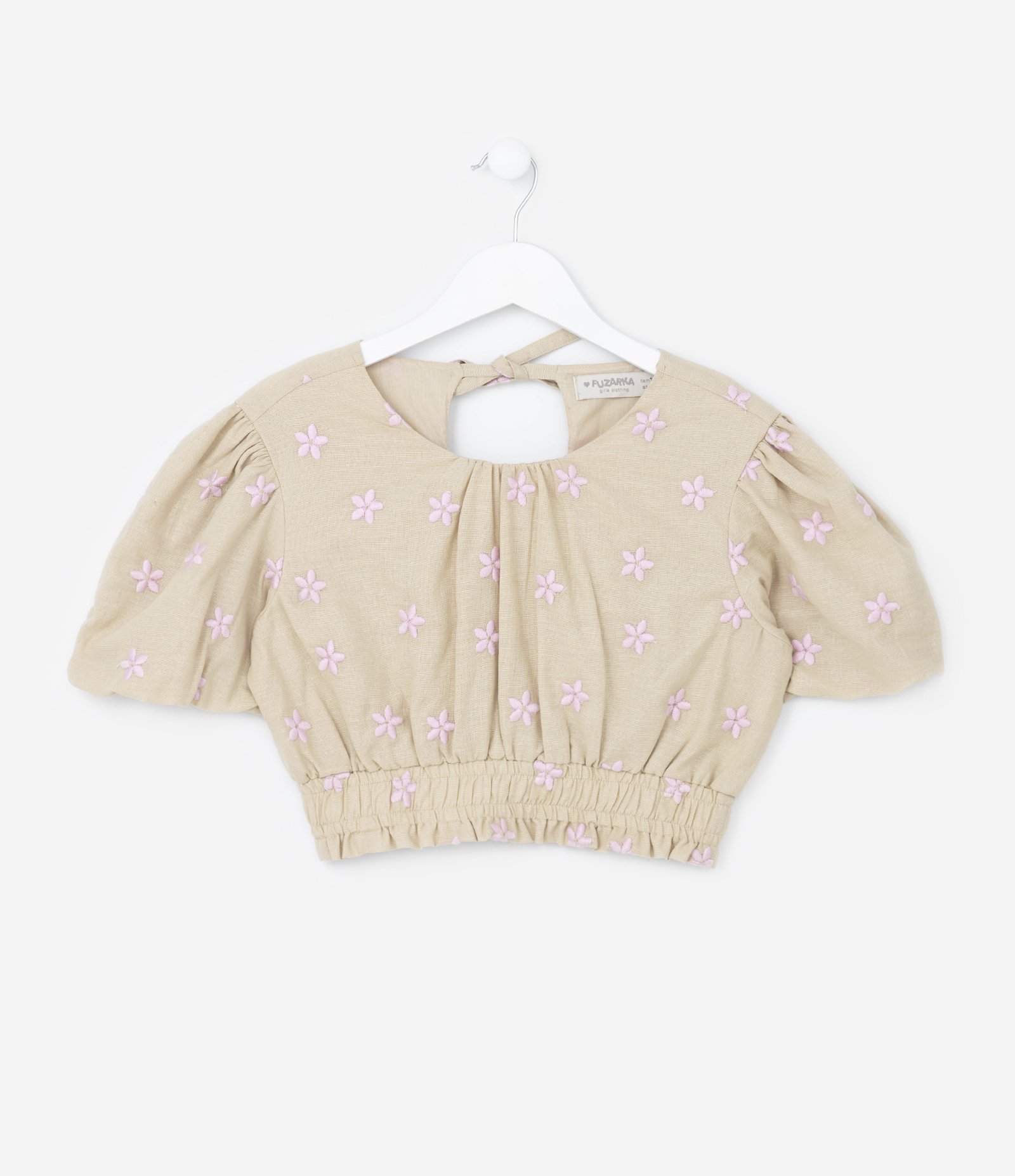 Blusa Ciganinha Cropped Infantil com Bordado Floral Broderie - Tam 5 a 14 anos Bege 1