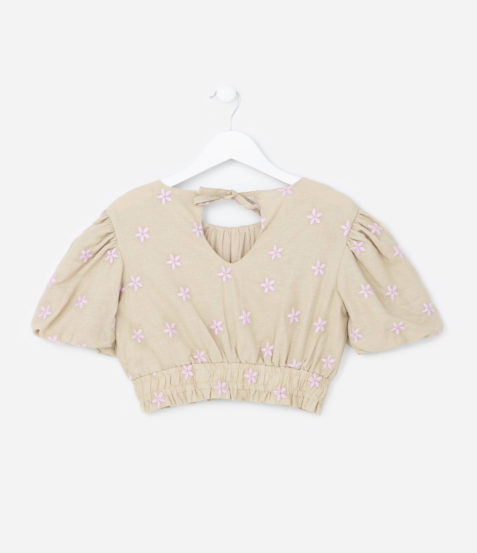 Blusa Ciganinha Cropped Infantil com Bordado Floral Broderie - Tam 5 a 14 anos Bege 2