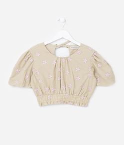 Blusa Ciganinha Cropped Infantil com Bordado Floral Broderie - Tam 5 a 14 anos
