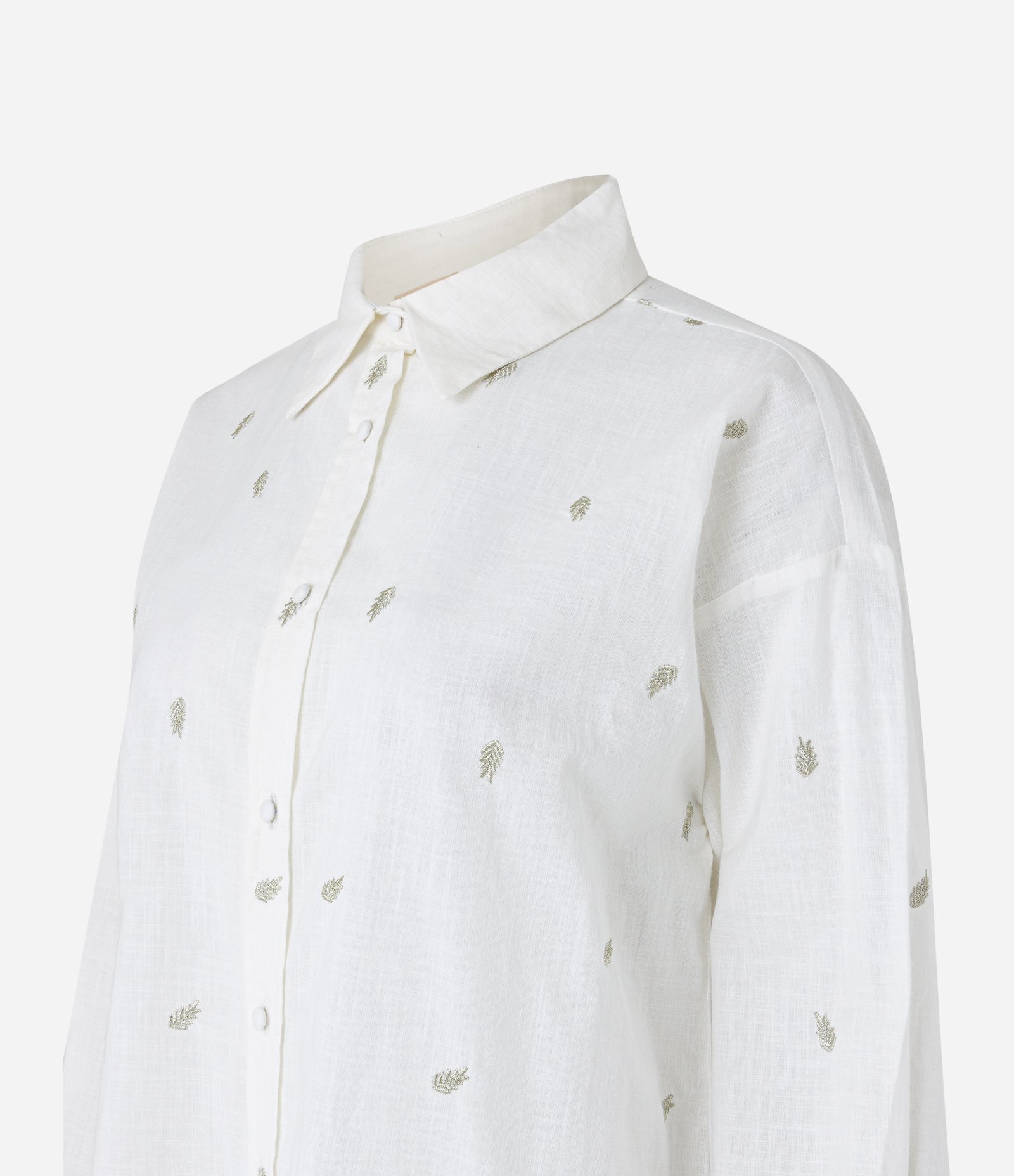 Camisa em Tricoline com Coqueiros Bordados de Fio Metalizado Branco 6
