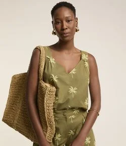 Blusa sem Manga em Tricoline com Bordado Coqueiros