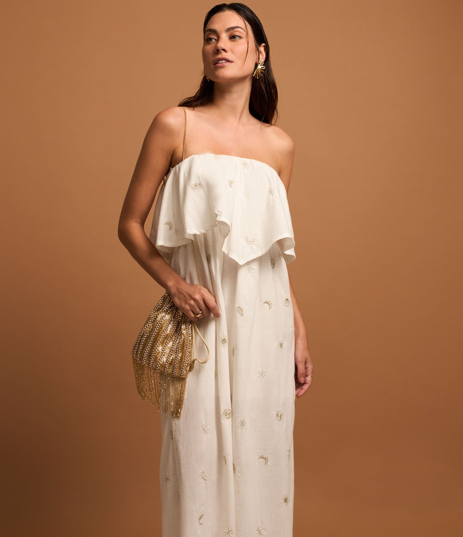 Vestido Evasê Tomara Que Caia em Voil com Bordados em Foil Branco 1