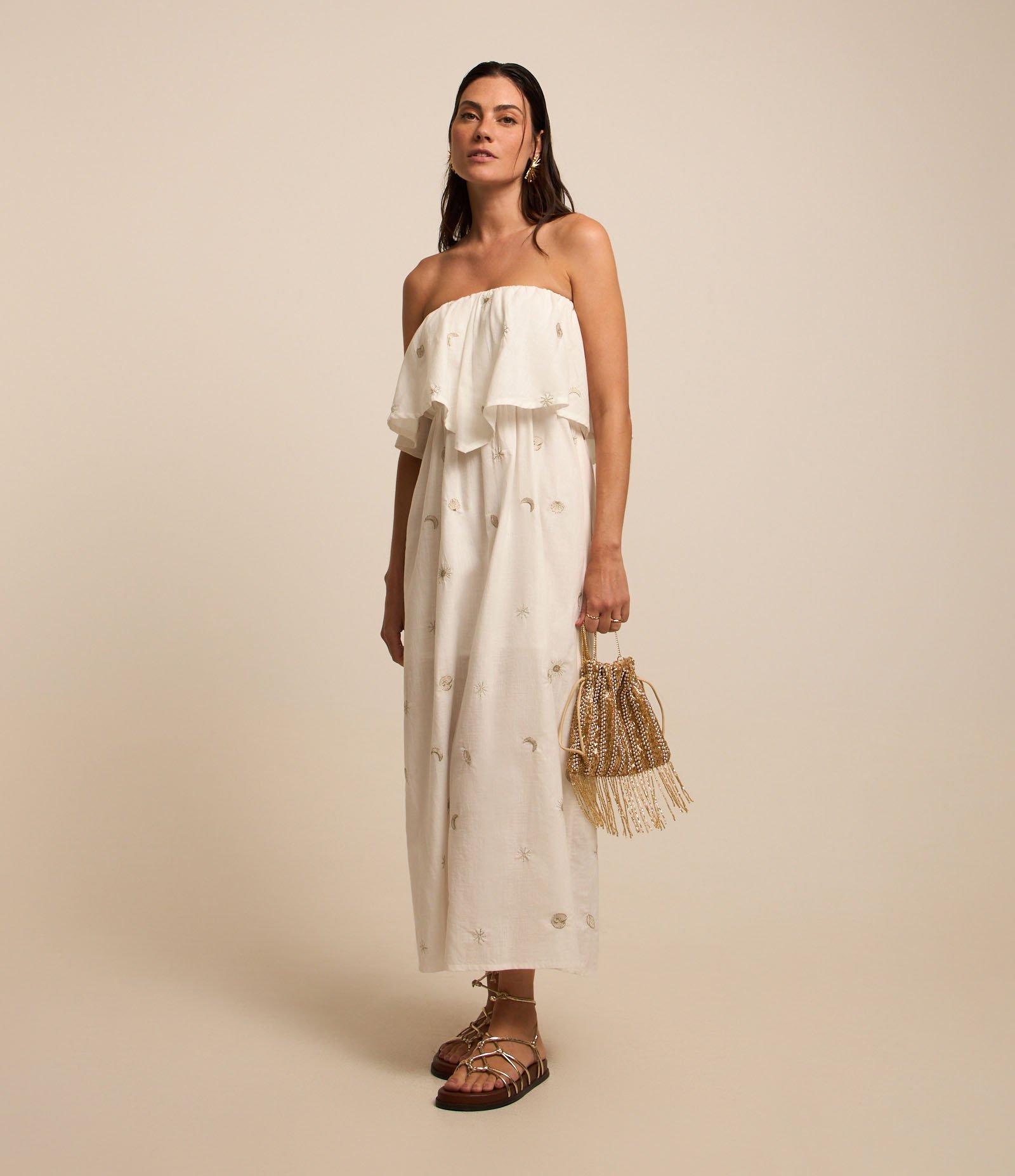 Vestido Evasê Tomara Que Caia em Voil com Bordados em Foil Branco 2