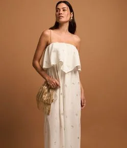 Vestido Evasê Tomara Que Caia em Voil com Bordados em Foil
