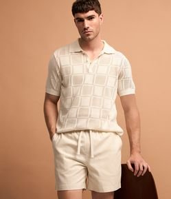Camisa Polo Regular Efeito Crochê com Mix de Pontos