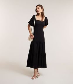 Vestido Midi em Viscose com Manga Bufante e Recortes na Saia