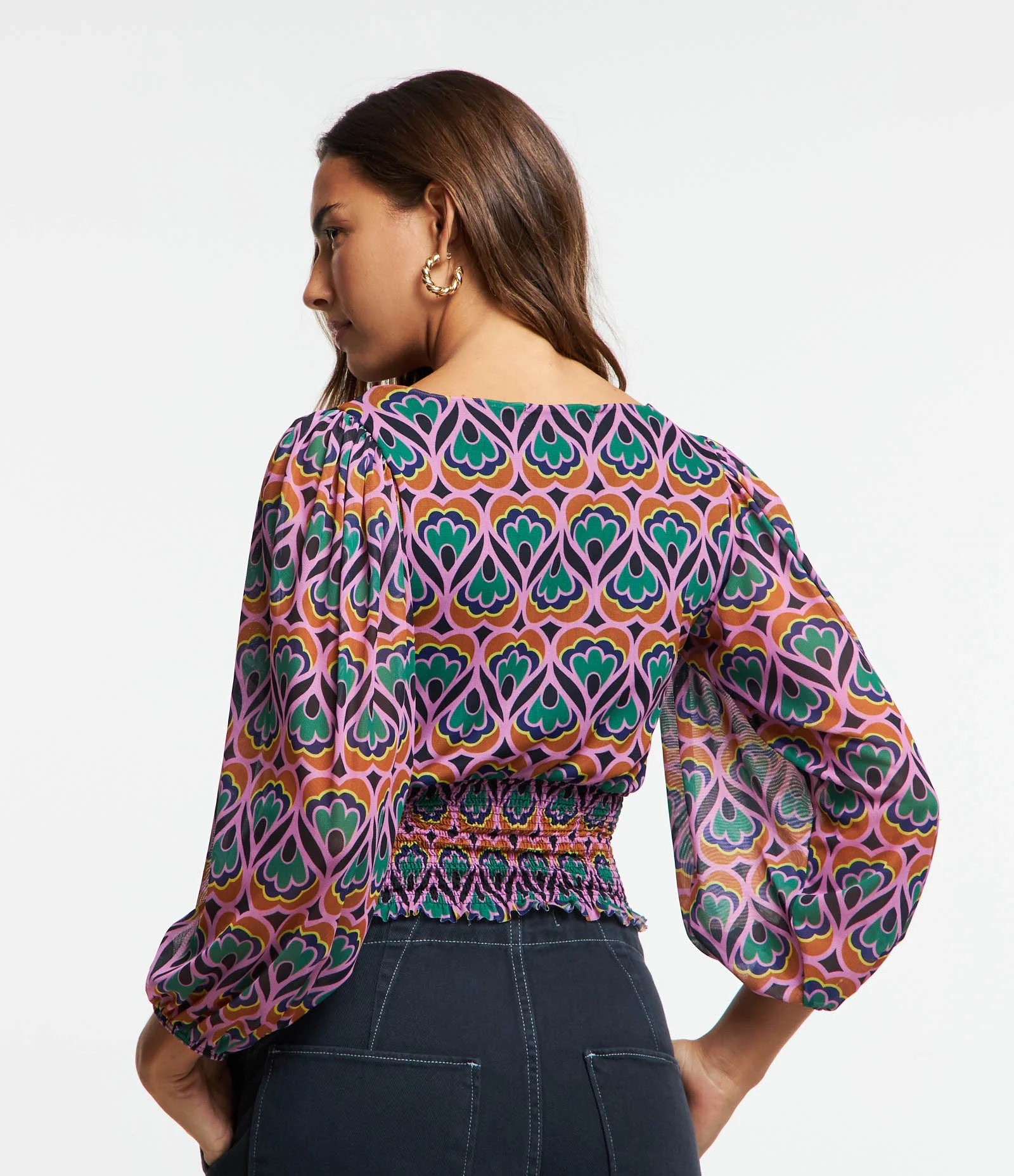 Blusa Manga Longa em Tule com Lastex e Estampa Abstrata Multicores 2