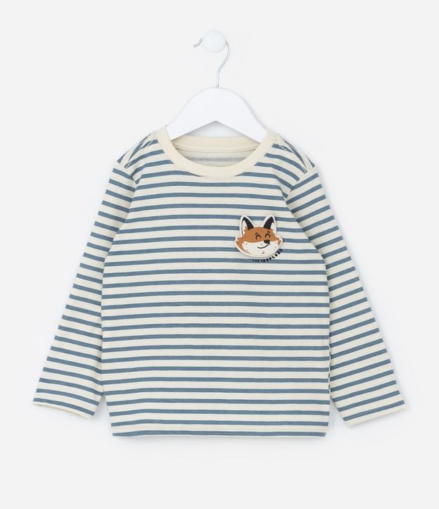 Camiseta Infantil Listrada com Bordado Interativo de Raposa- Tam1 a 5 anos Bege 1