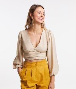 Blusa Manga Longa em Viscose com Botões e Franzidos